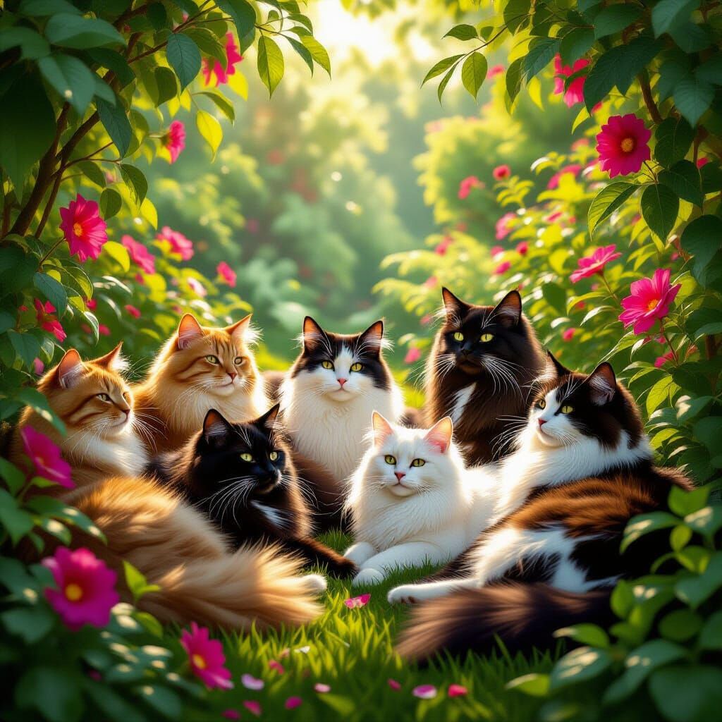 Regal Cats Relaxing in Lush Garden, Digital Matte Painting