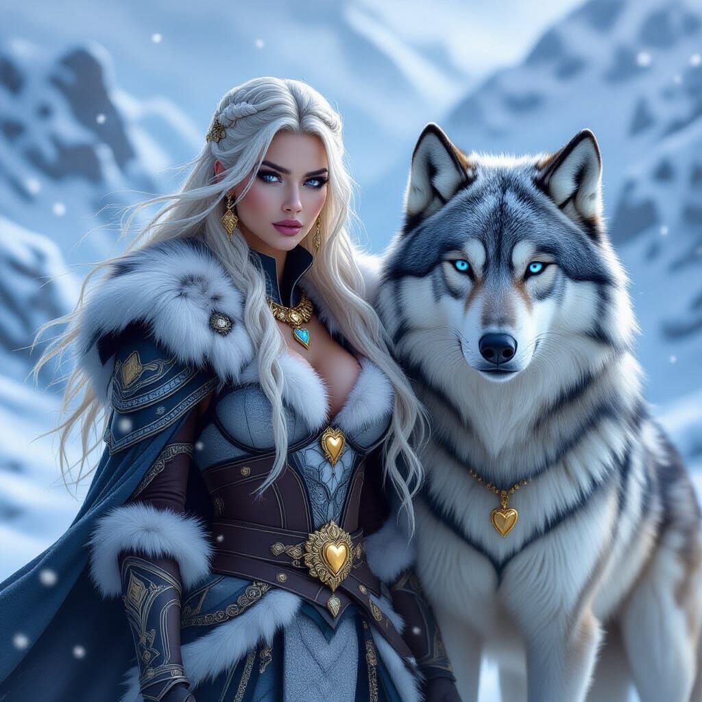 Ice Warrior and Direwolf in Snowy Mountain Landscape