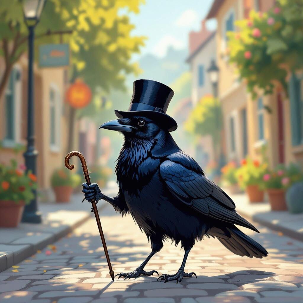 Whimsical Crow Struts in Top Hat Down Sunny Street