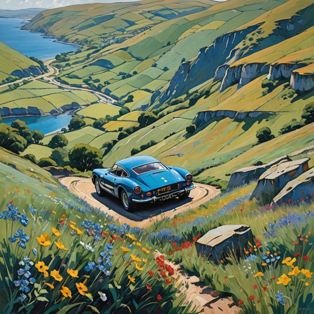 Ferrari on British Cliffs in Post-Impressionist Style