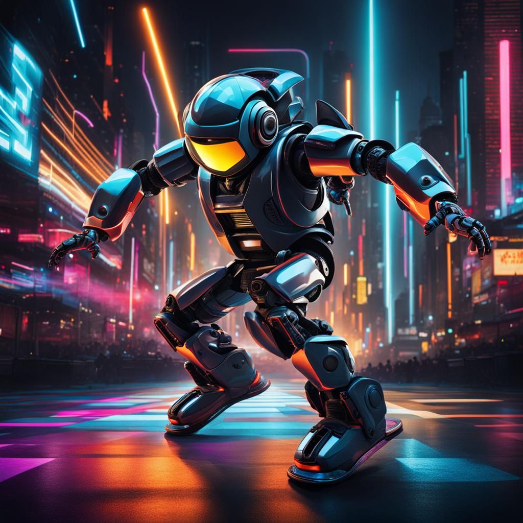Breakdancing Robot in Futuristic Setting