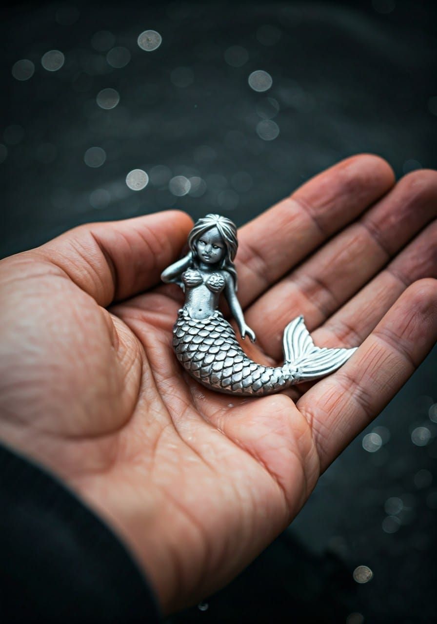 Miniature Silver Mermaid in Hand, Detailed Digital Art