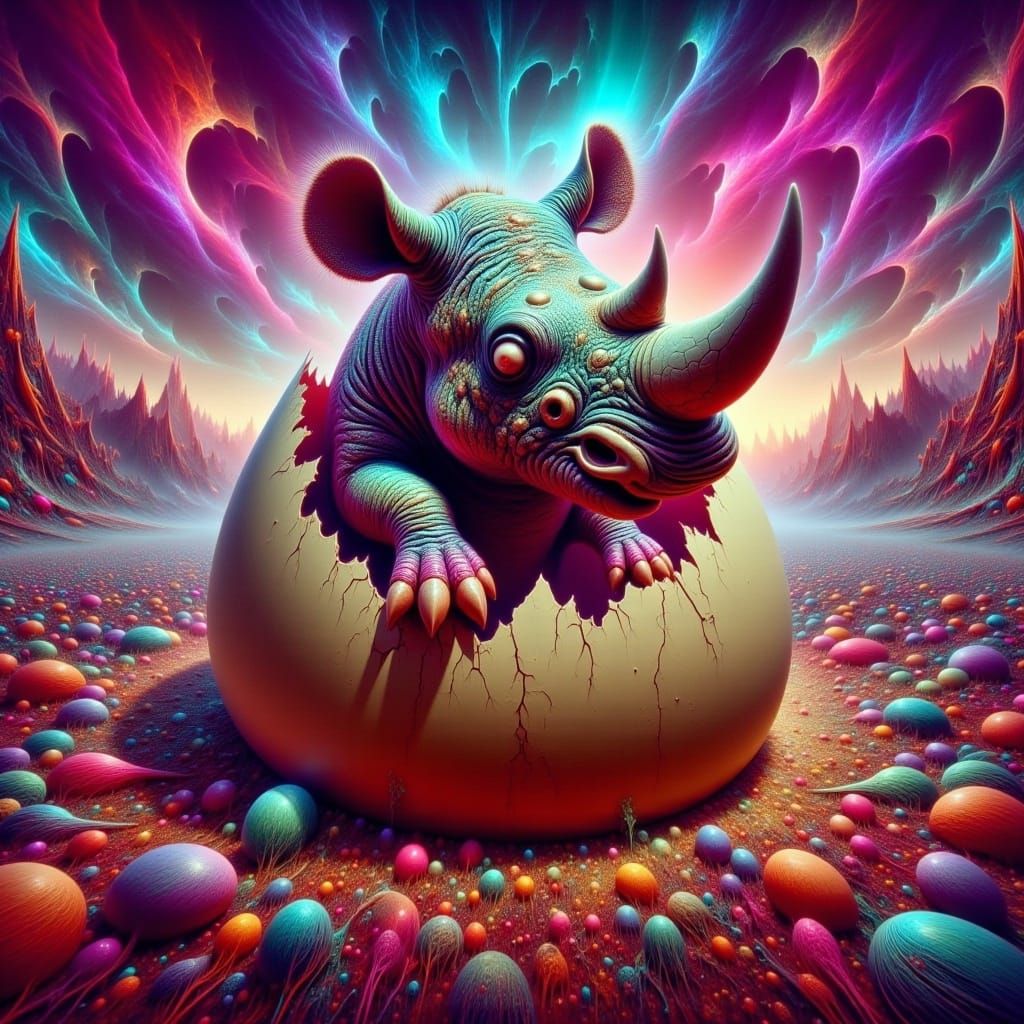 Cute Xenomorph Rhino Hatching in Surreal Landscape