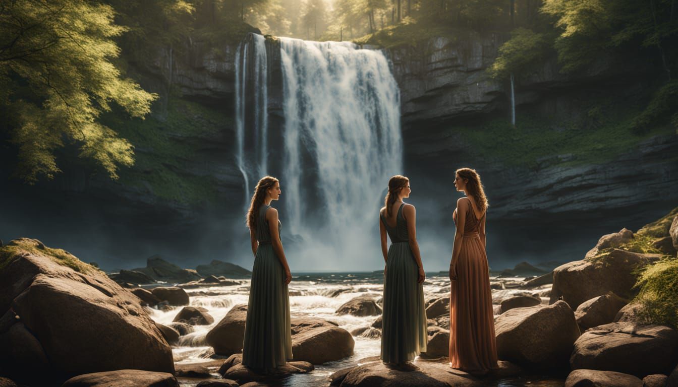 Fantasy Waterfall Scene with Two Smiling Women