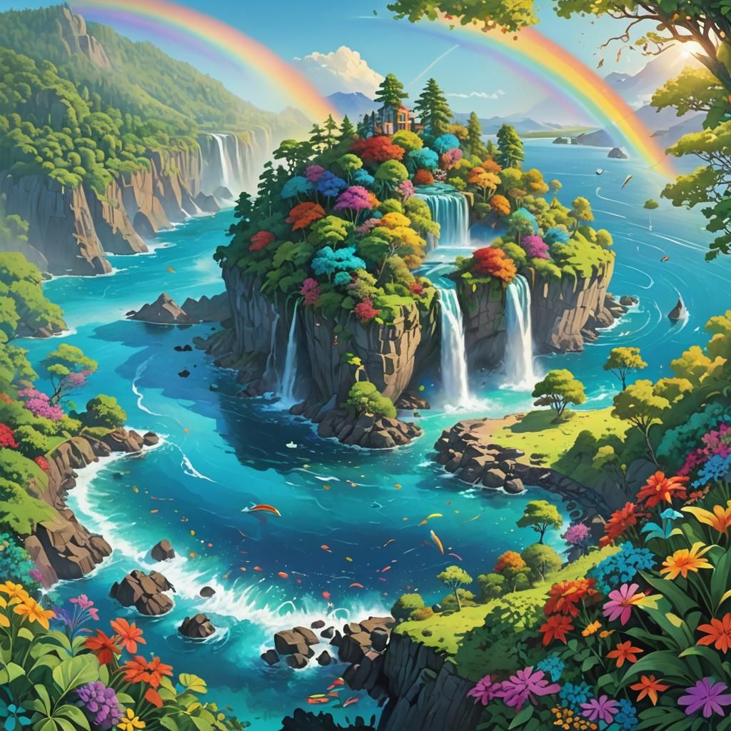 Rainbow Island Floating in Turquoise Sea