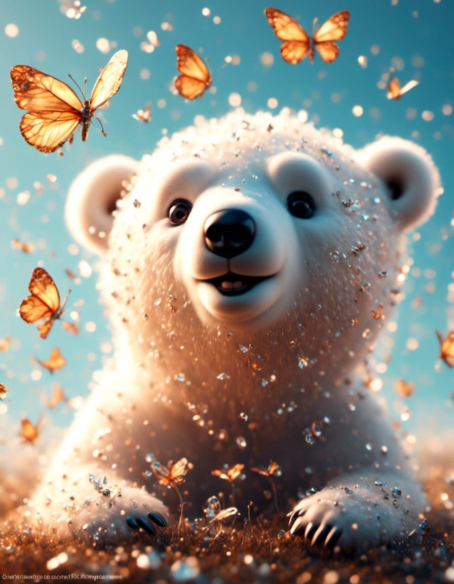 Happy Polar Bear Cub Counting Butterflies Microphotograph