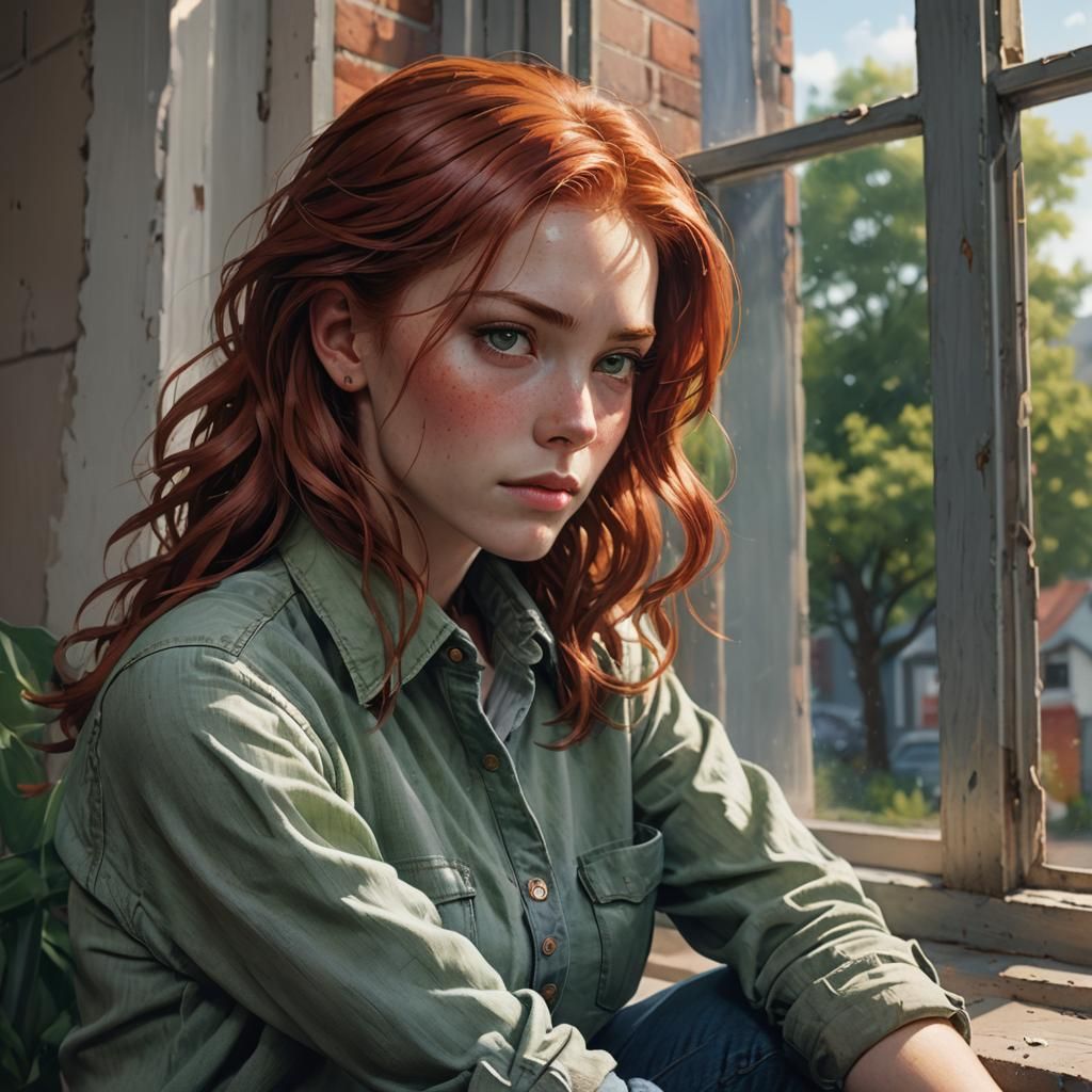 Troubled Woman with Red Hair: Detailed Matte Painting