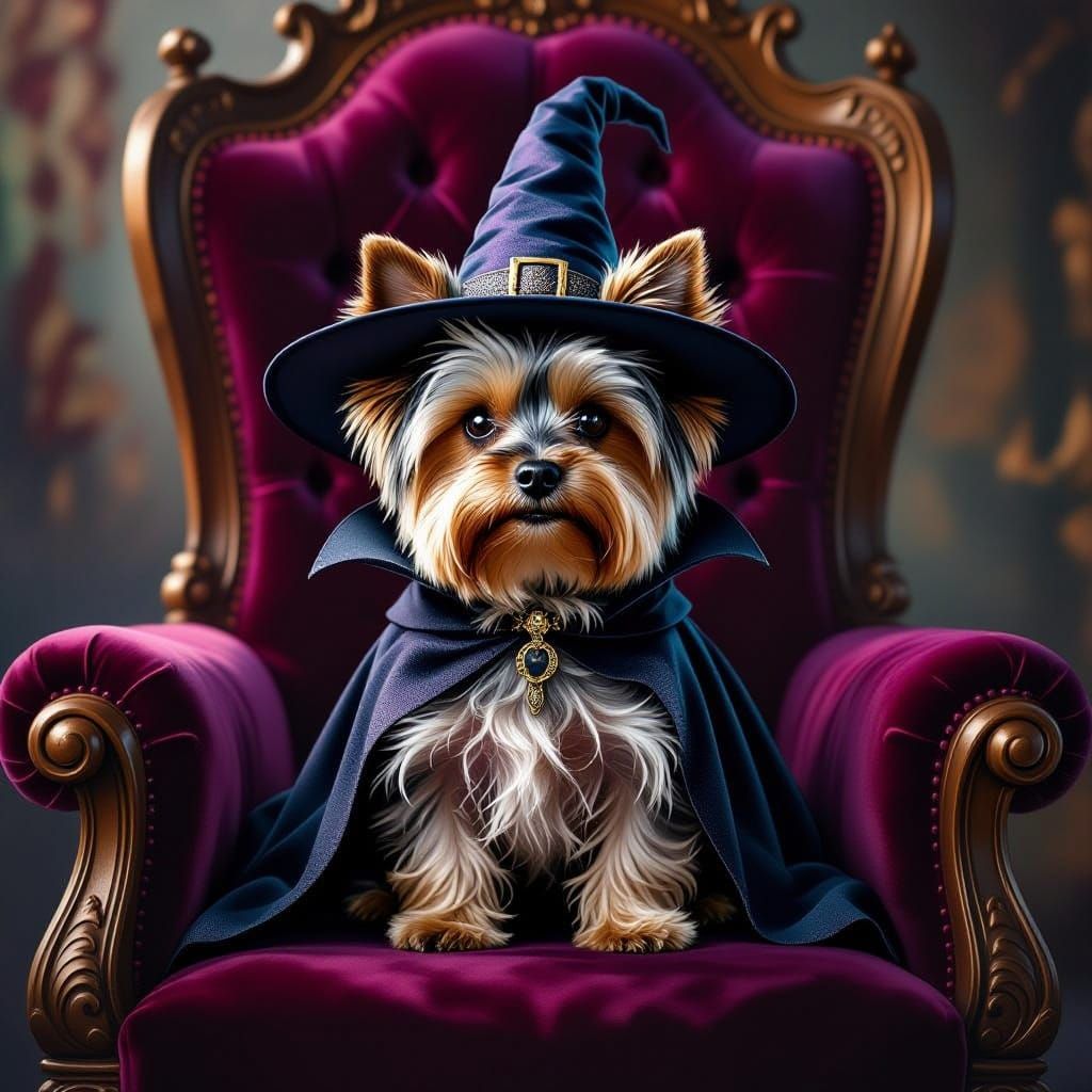 Witch Yorkshire Dog on Gothic Throne