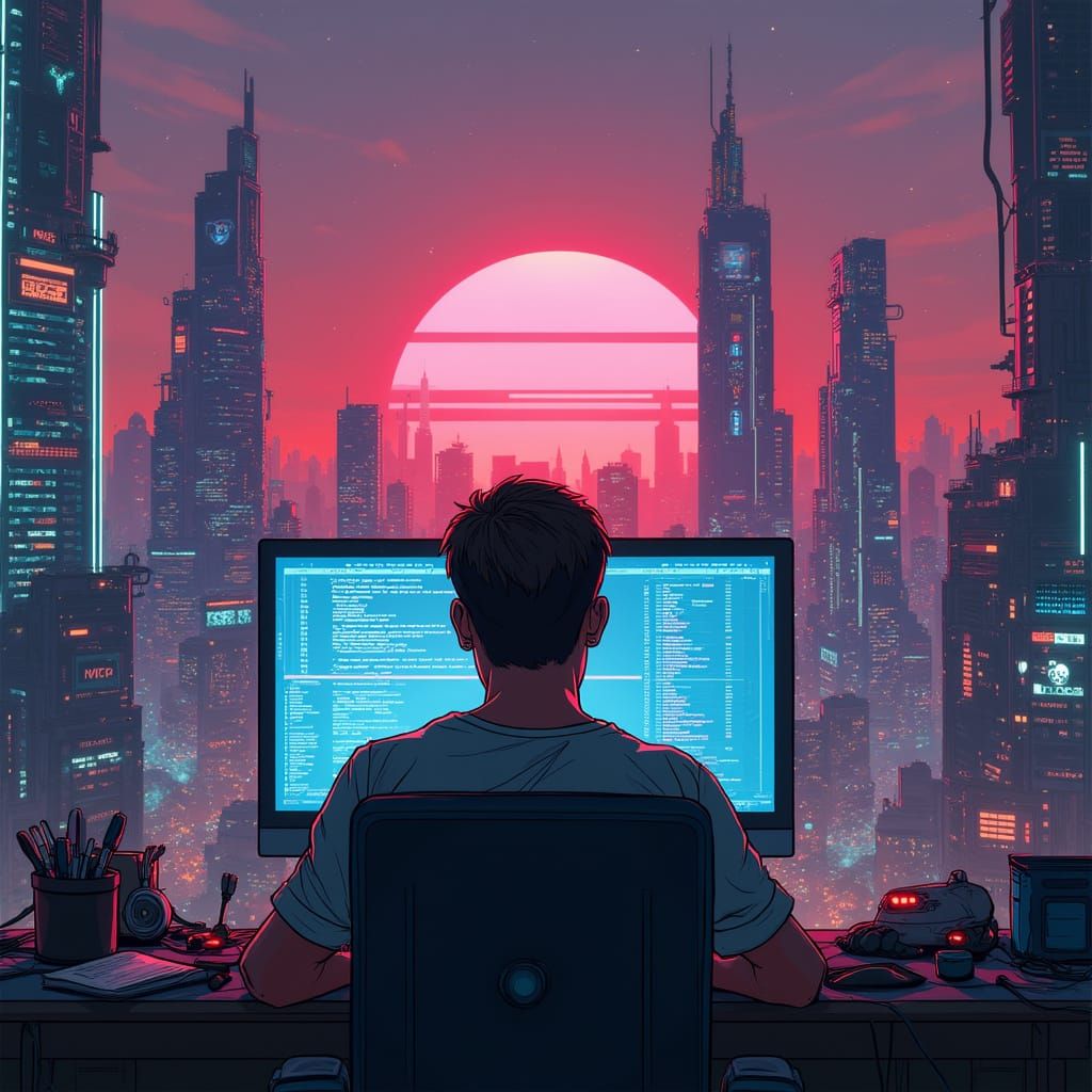 Cyberpunk Developer in Futuristic Cityscape