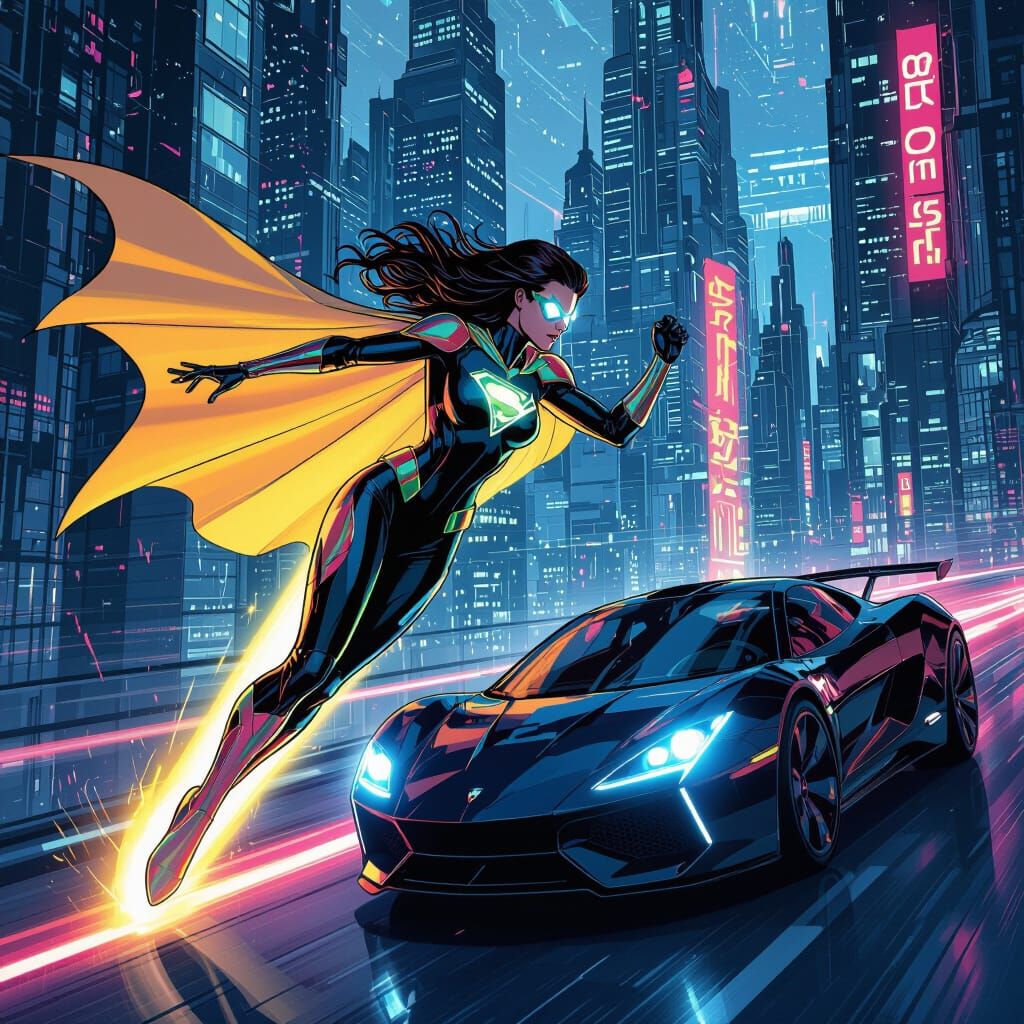 Superheroine Soaring Through Futuristic Cityscape