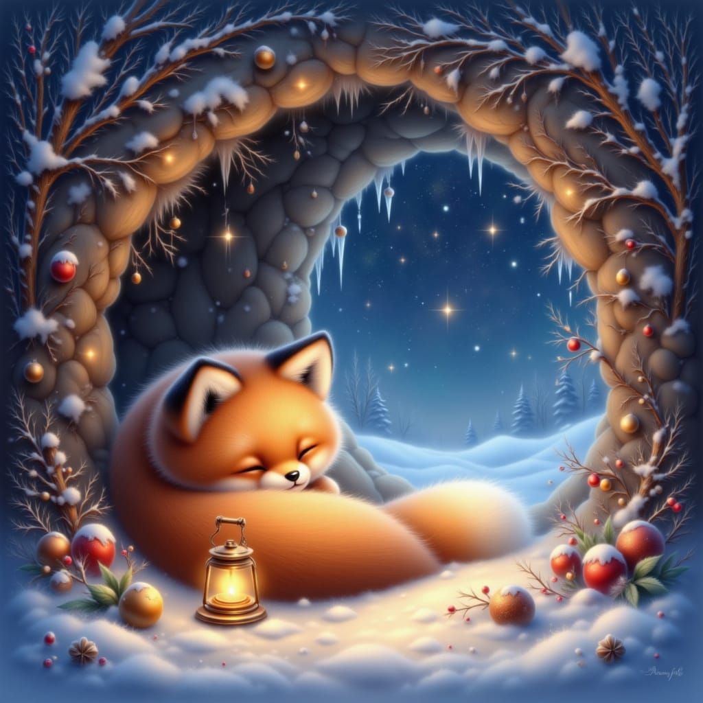 Adorable Chibi Fox Rests in Cozy Den Under Starry Night