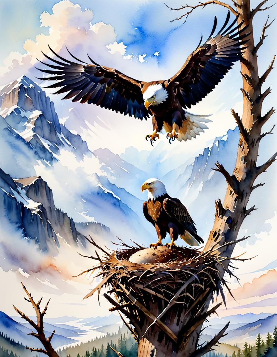 Watercolor Eagle Contemplates Empty Nest
