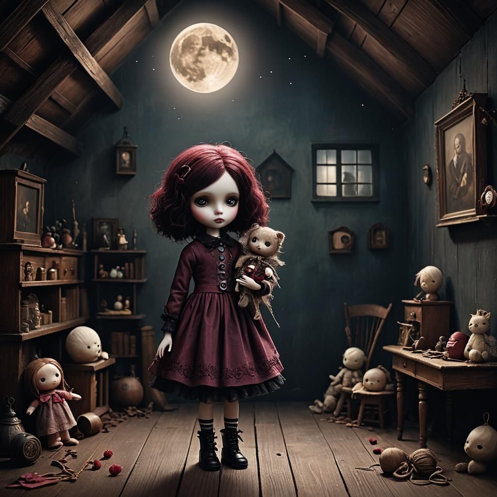 Goth Punk Doll in Attic with Rag Doll