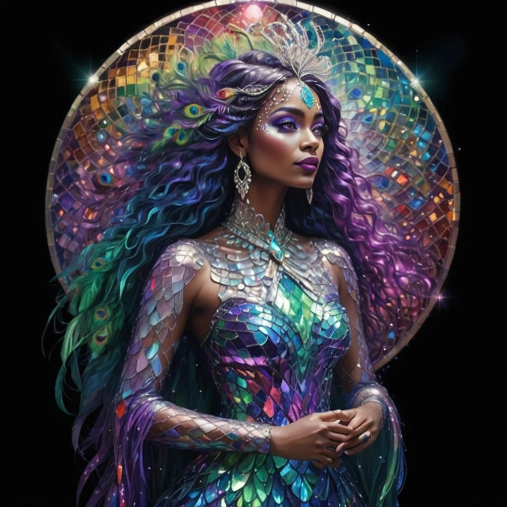 Cosmic Woman with Rainbow Peacock Feathers Hair