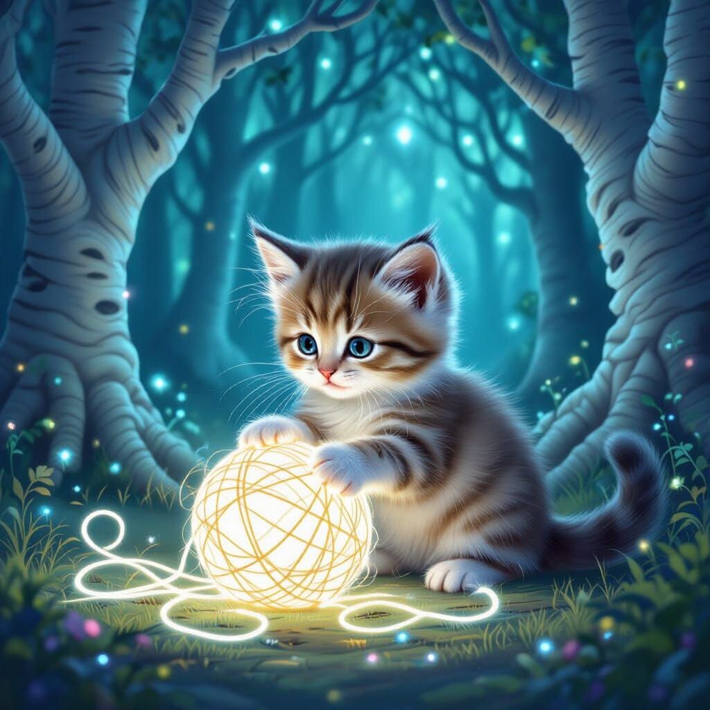 Kitten Playing with Light in Enchanted Forest