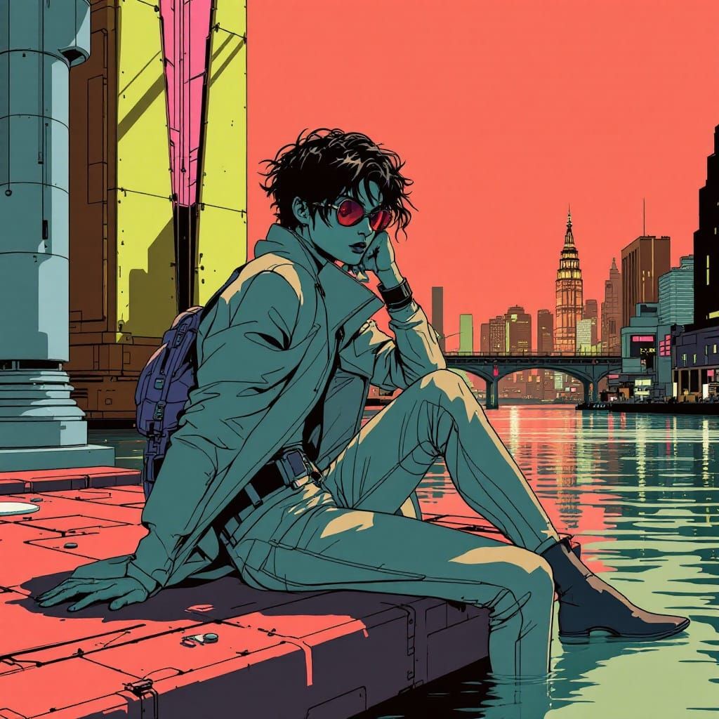 Retro-Futurist Cityscape in Graphic Novel Style