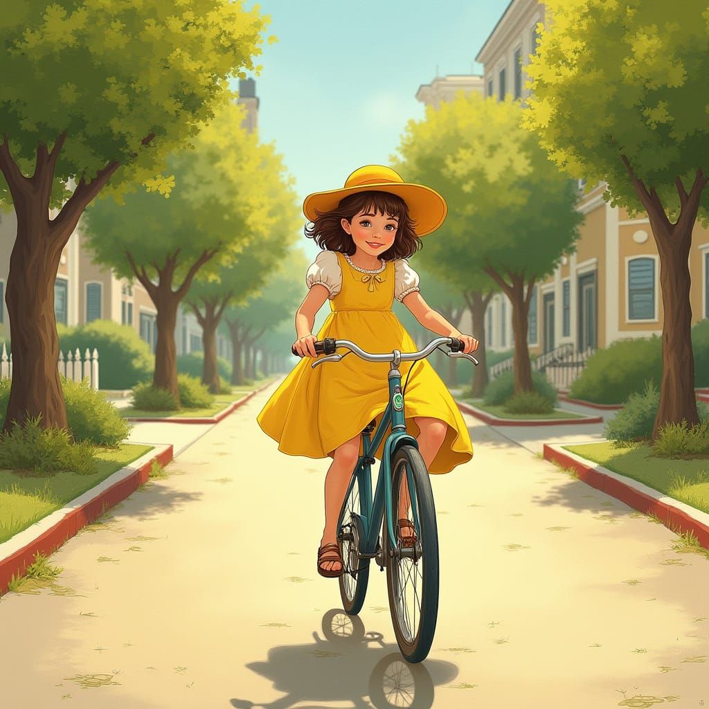 Girl on Bicycle in Beatrix Potter Style