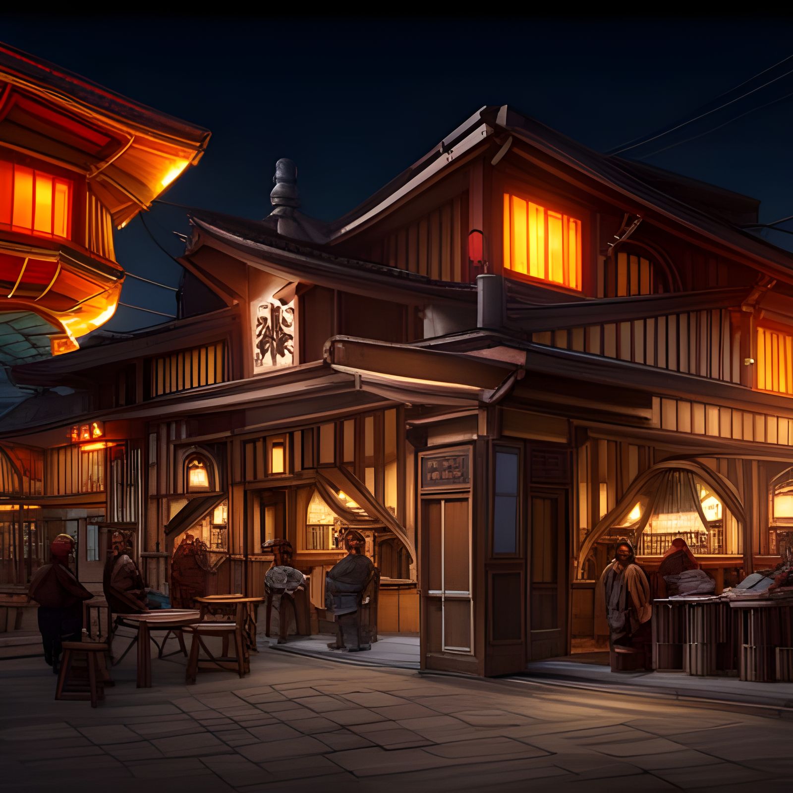Elaborate Medieval Japanese Oni Cafe at Night