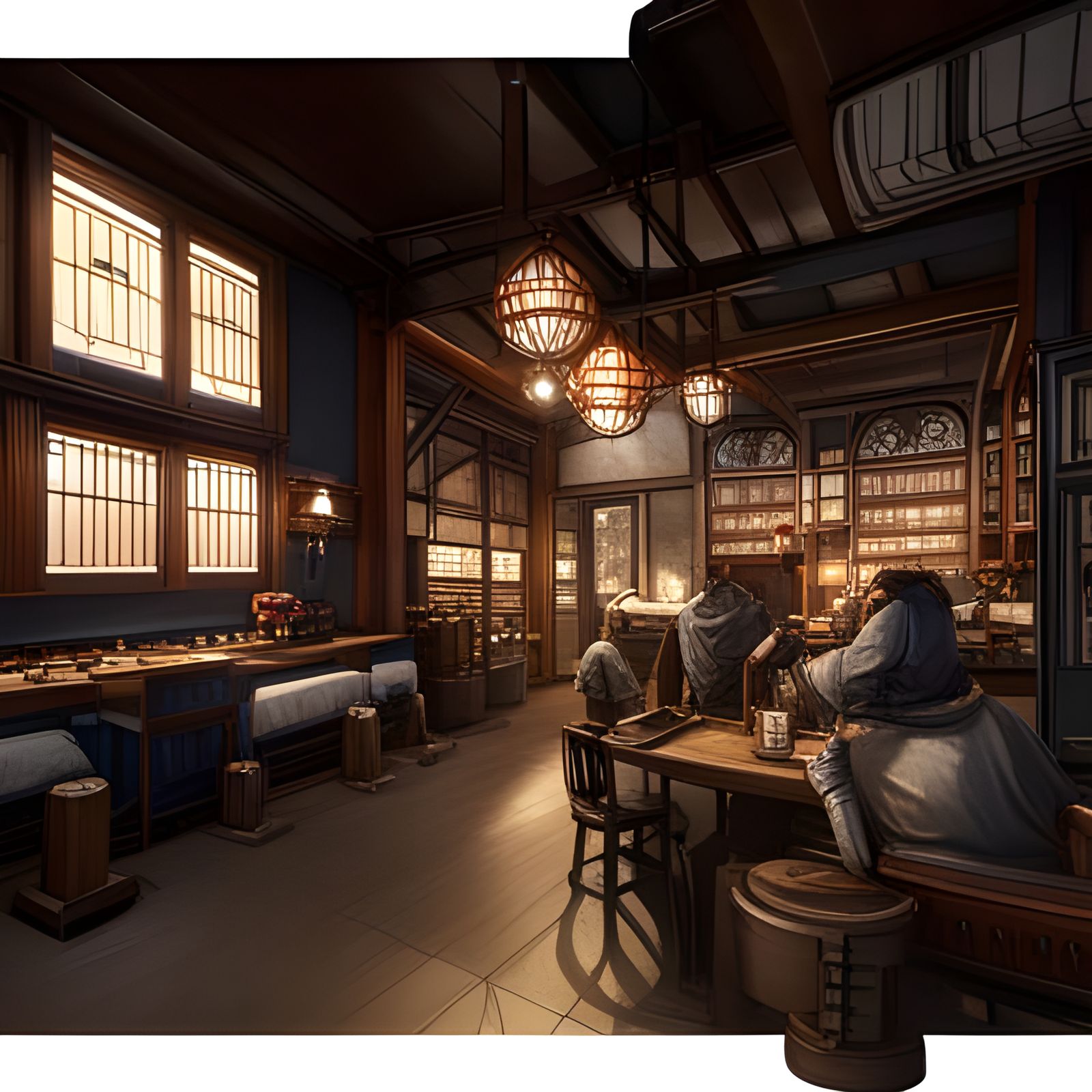 Detailed Medieval Japanese Oni Cafe at Night