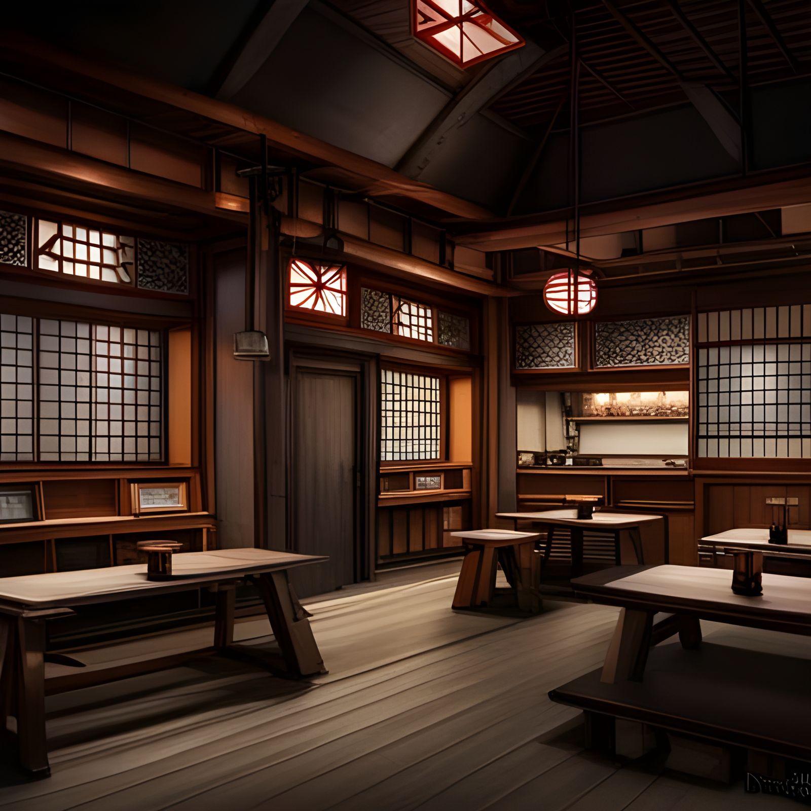 Elaborate Medieval Japanese Oni Cafe at Night