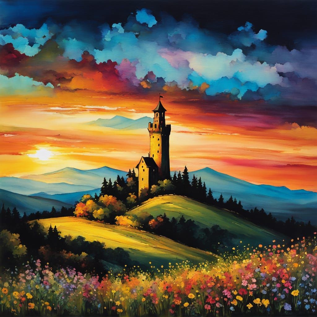 Radiant Mountaintop Tower in Colorful Cartoon Style