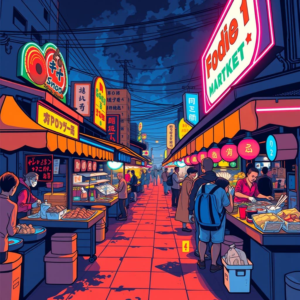 Vibrant Night Market under Neon Lights