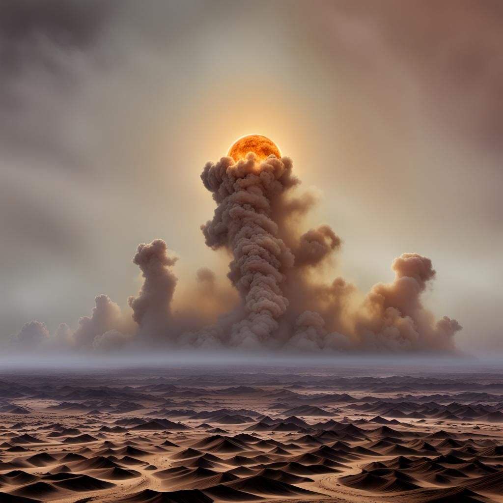 A violent sandstorm in the Sahara Desert. The sun is on fire...