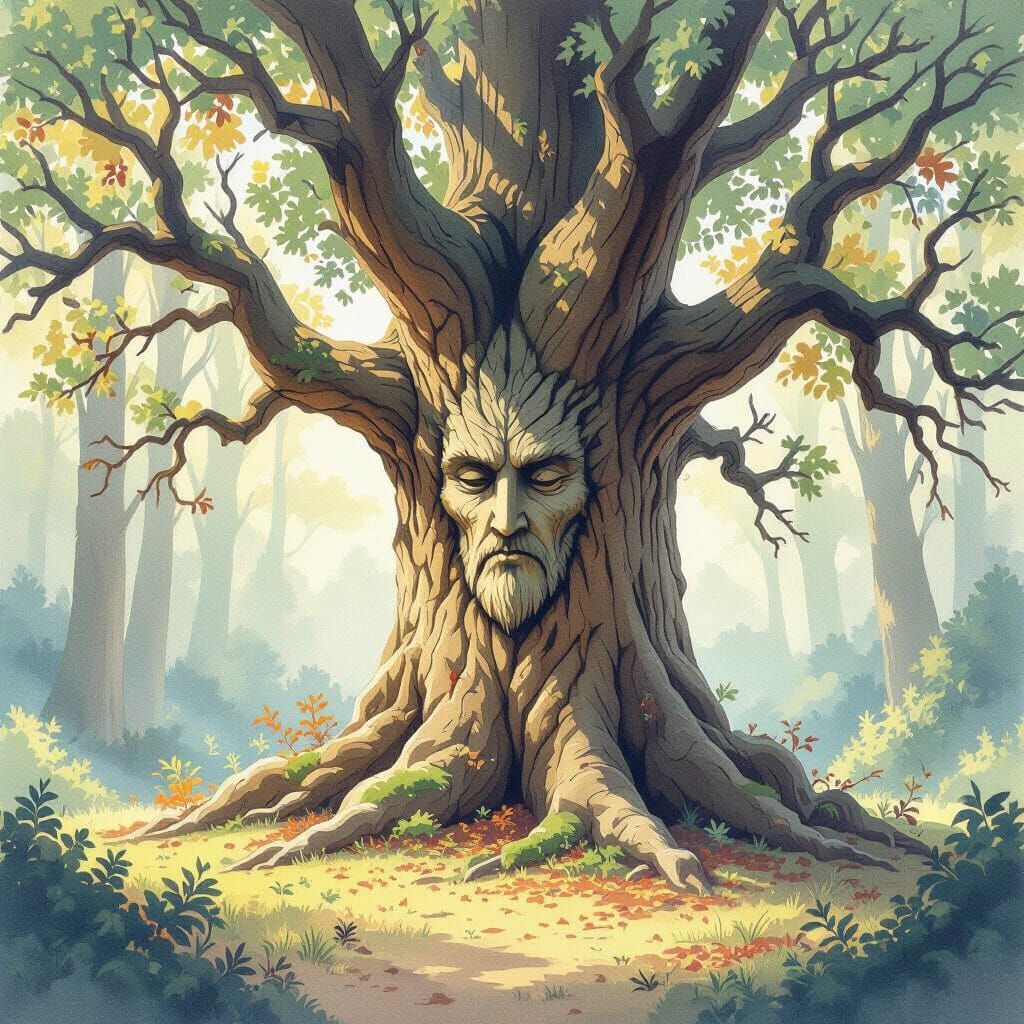 Majestic Tree with Face Carving in Watercolor Style