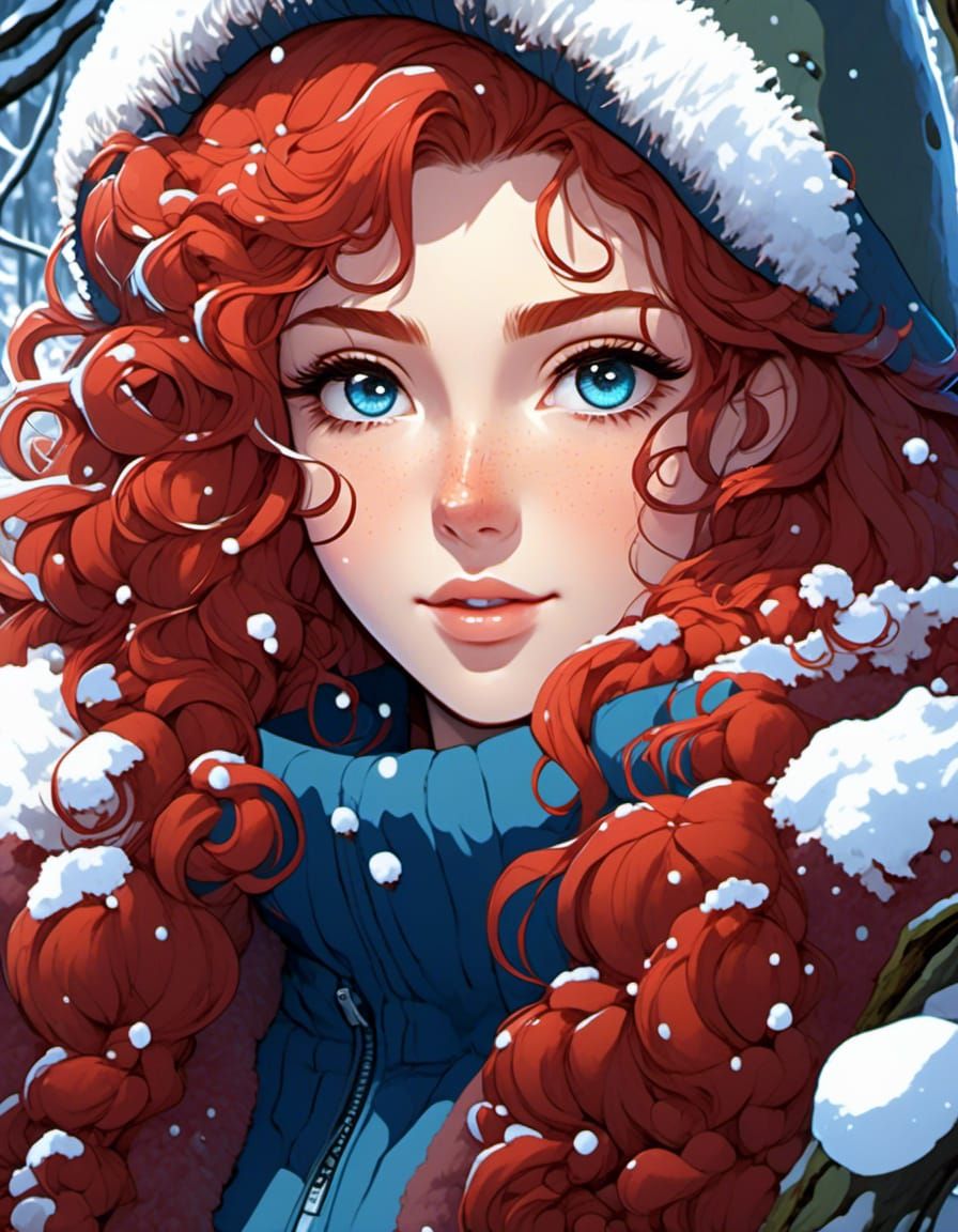Beautiful Woman, Red Curly Long Hair, Blue Multilayered Eyes, Winter Clothes, Freckles, Forest, Snow, Head And Shoulders...