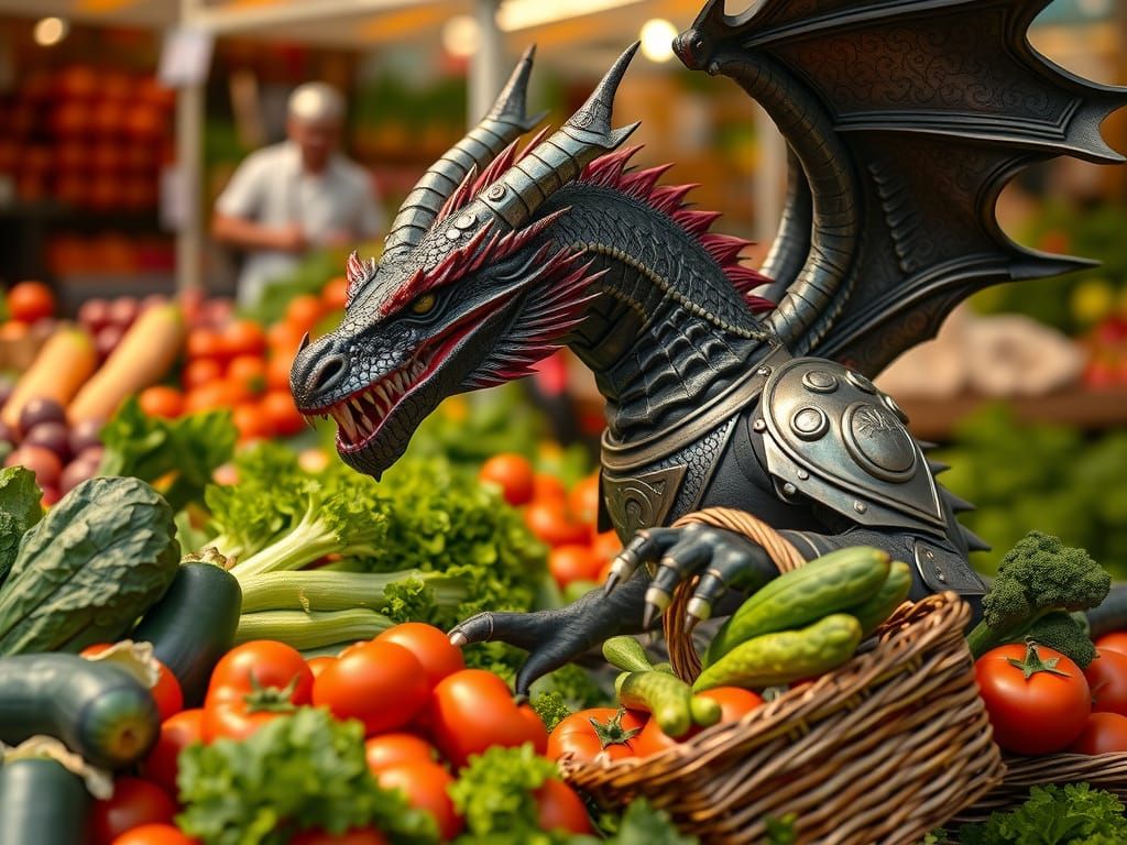 Dragon Surrounded by Fresh Produce in a Farmer's Market