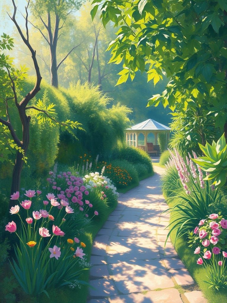 Impressionist Garden Scene with Vibrant Flowers and Soft Bru...