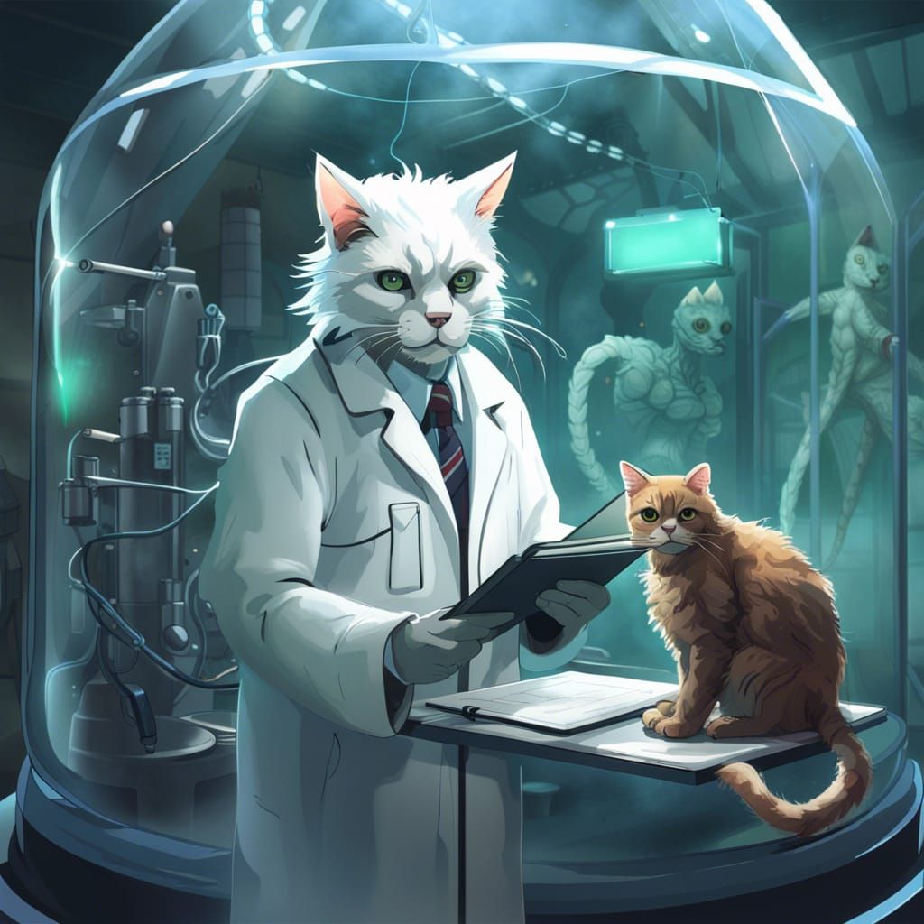 Humanoid Cat Scientist Monitors Mutant Creature