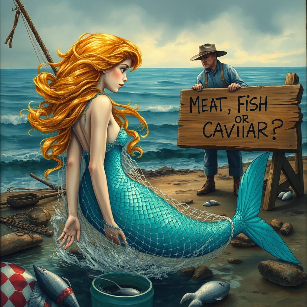 Ethereal Mermaid Captive in Whimsical Coastal Scene