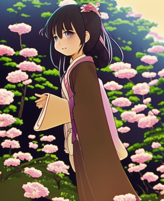 Pretty two-year-old girl, hands down, petite, long hair, gentle gaze, subdued smile, bright flowers and birds in a lustr...