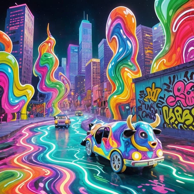 Abstract Cityscape of Flowing Liquid Buildings and Neon Rive...