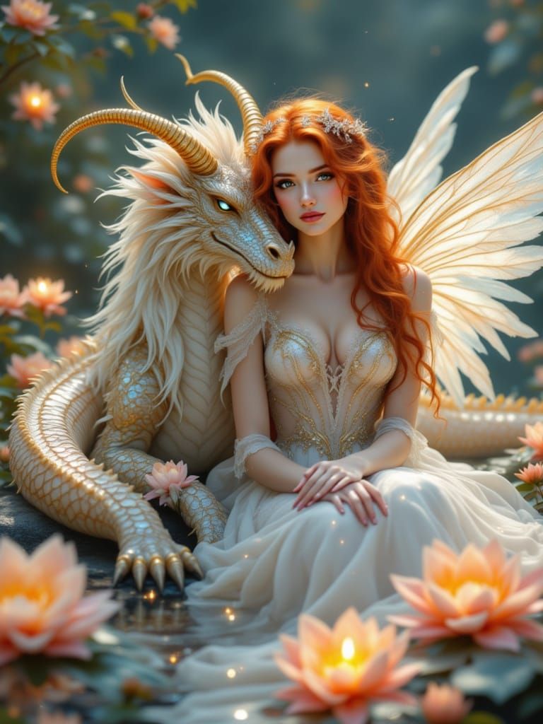 Celestial Dragon and Angel in Ethereal Pre-Raphaelite Style