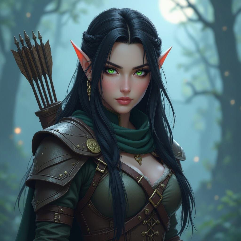 Wood Elf Ranger in Moonlit Forest, Anime Style