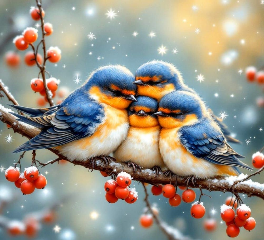 Surreal Watercolour Family of Swallows in Hyperdetailed Clos...