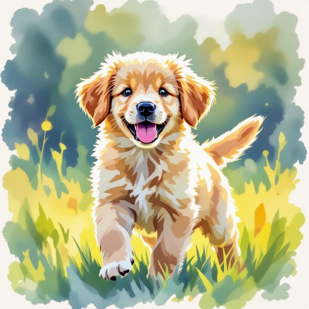 Joyful Golden Retriever Puppy in Expressive Watercolor