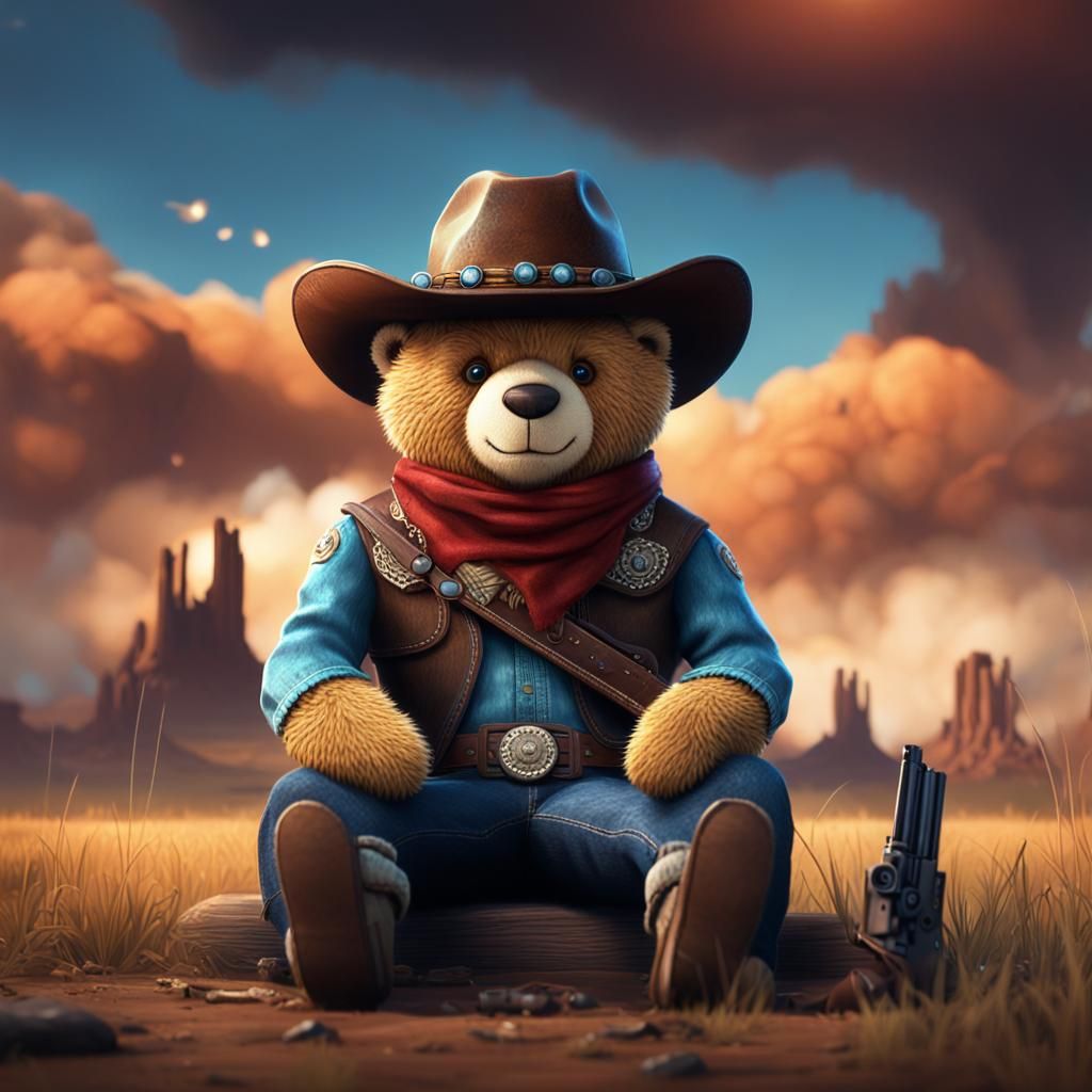 Cowboy Teddy Bear with Pistol, Detailed Matte Painting