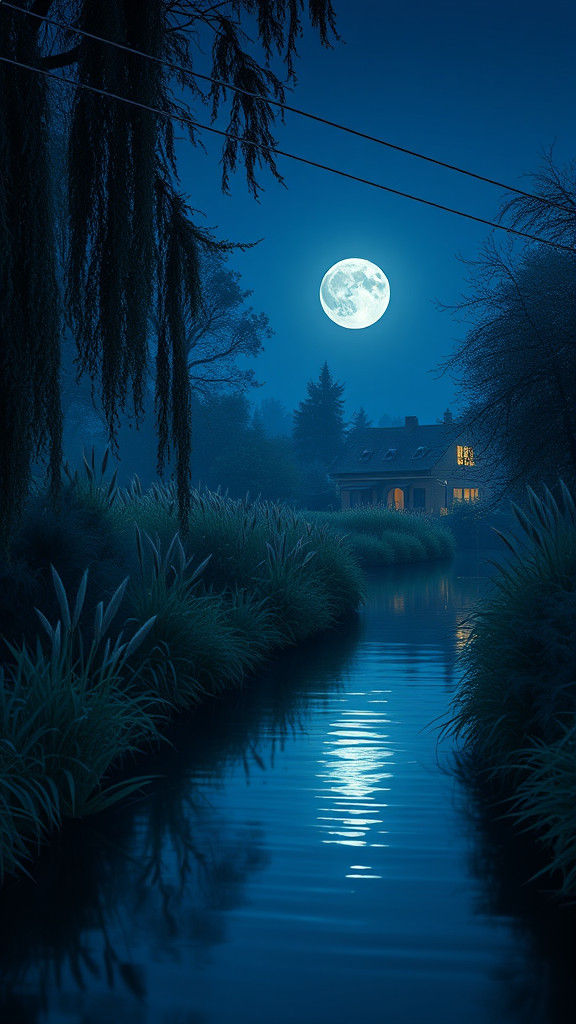 Nocturnal Countryside Canal Scene with Moonlit Reflections