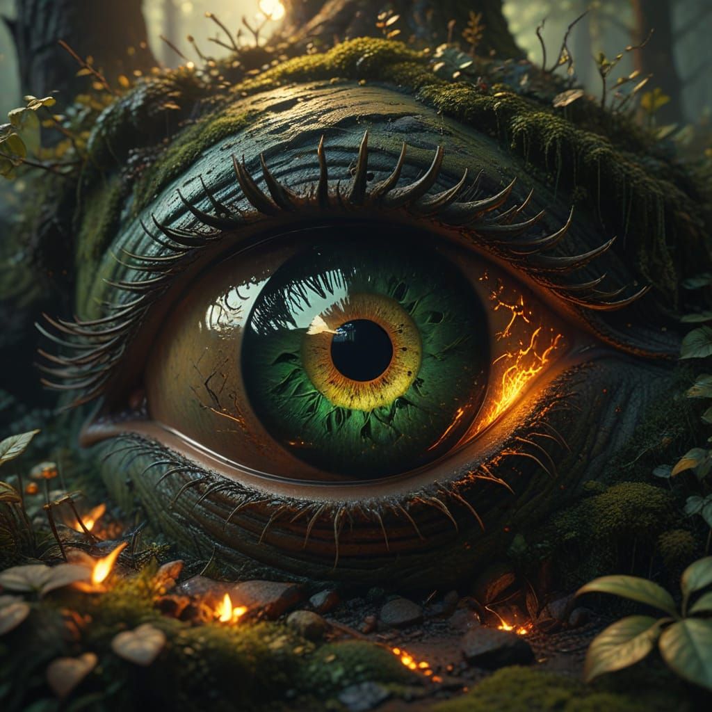 Surreal Fantasy Eye Unveils Miniature Forest in Golden Light