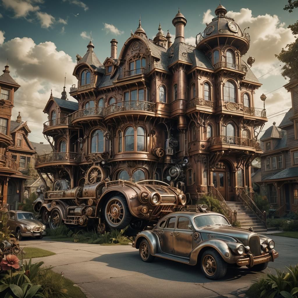 Biomorphic Steampunk House with Futuristic Car