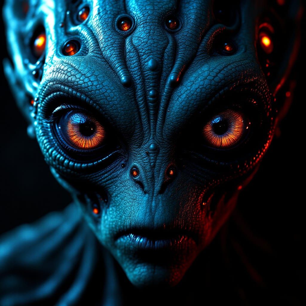Hyperrealistic Alien Portrait with Many Eyes in Dramatic Lig...