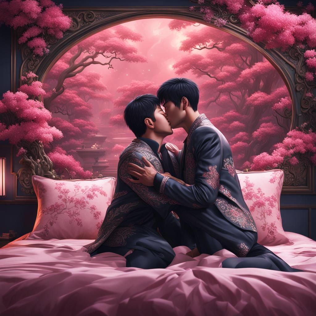 Two Asian Men Embrace in Elegant Bedroom
