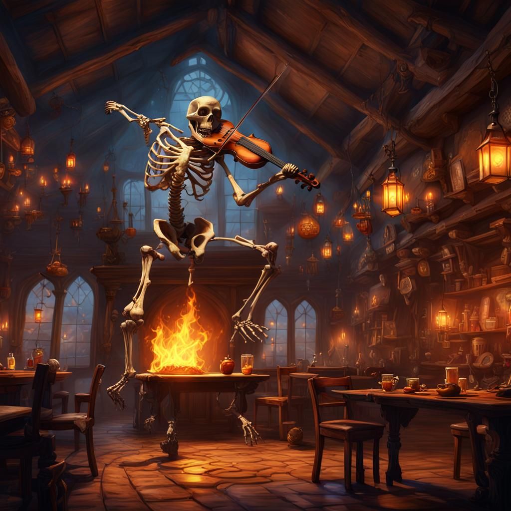 Fantasy Tavern With Burning Skeleton Violinist