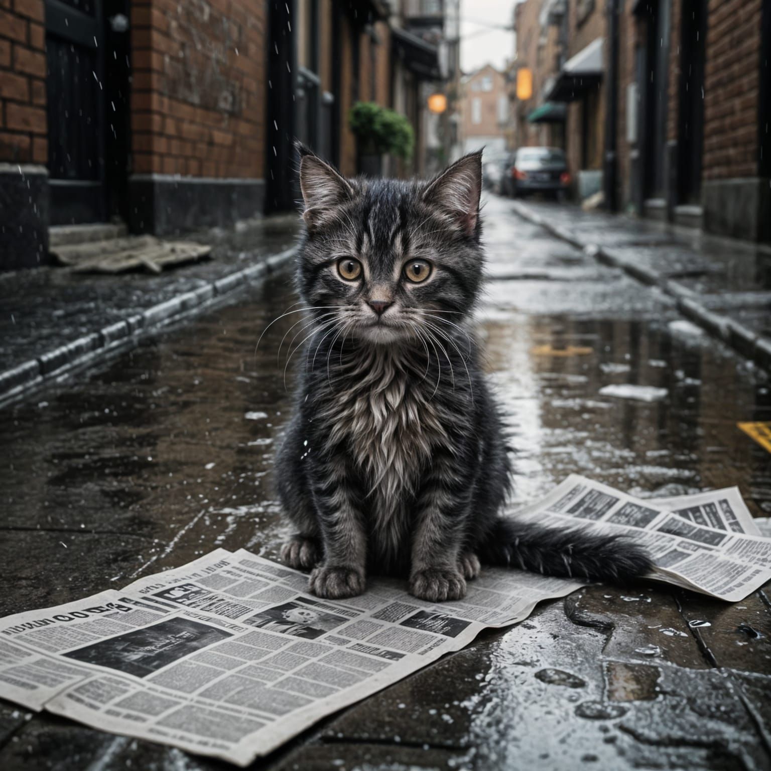 Fluffy Kitten Seeks Shelter in Rainy Alleyway Photo