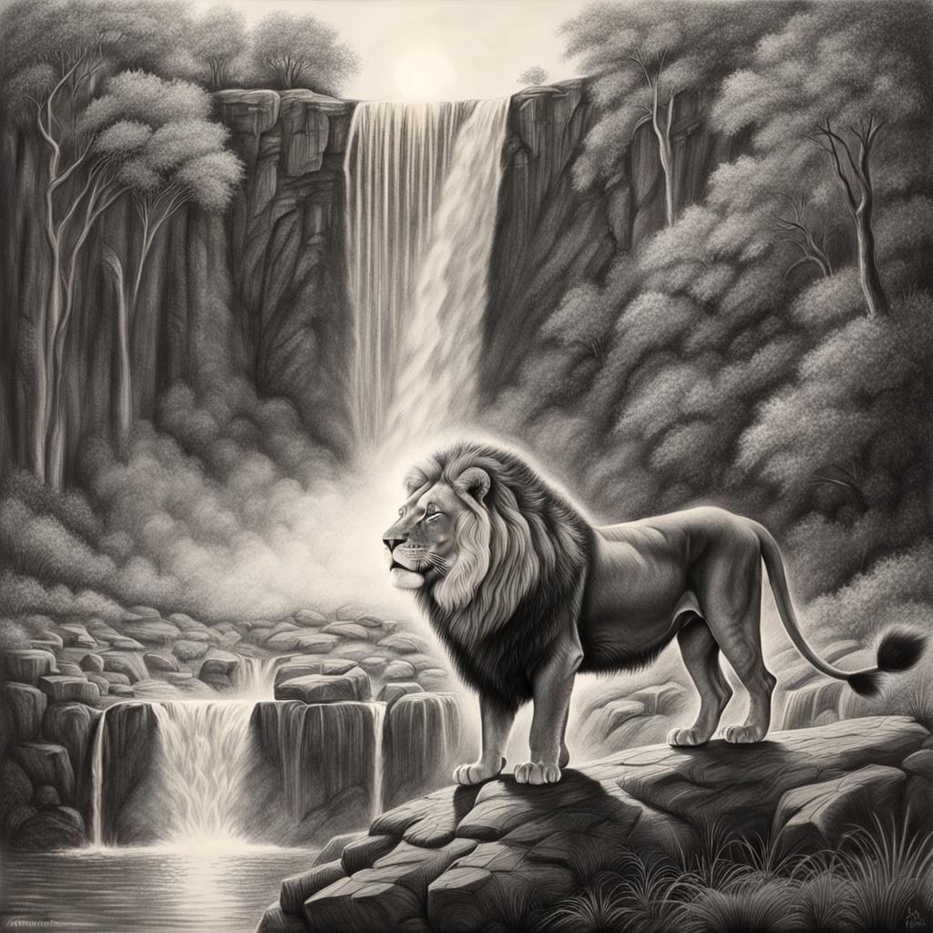 Lion at Waterfall: Hyperdetailed Charcoal Drawing