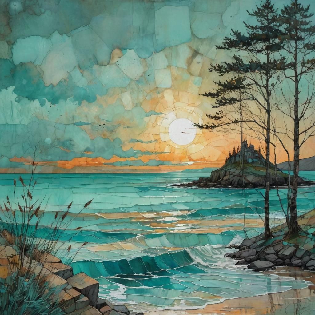 Turquoise Sunset by the Sea: Whimsical Illustration