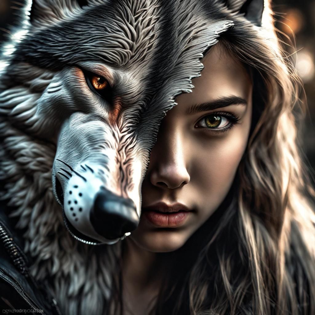 Hyperrealistic Half-Wolf Girl Portrait in High Definition